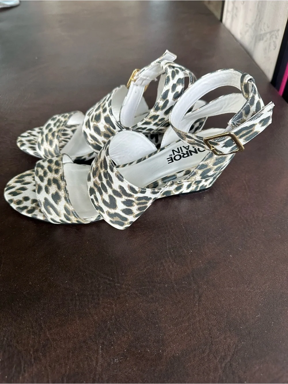 Monroe & Main Leopard Print Open-Toe Wedge Heels - White, Black, Tan